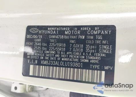 2020 Hyundai Tucson Sel из США, поврежденный, VIN KM8J33AL0LU193801